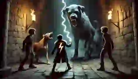 A boy faces a giant three-headed dog in a dark corridor as his friends look on in worry, dim torchlight flickering.