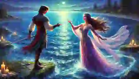 Esfandiyar confronting a beautiful sorceress by a glittering lake, sword ready, moonlight reflecting.