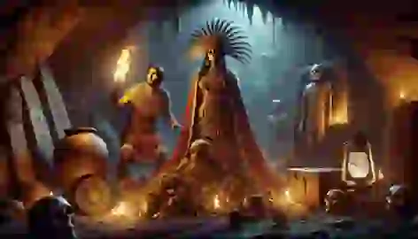 Amaru kneels before a preserved mummy in a dimly lit cave, with Tupac holding a torch behind her.