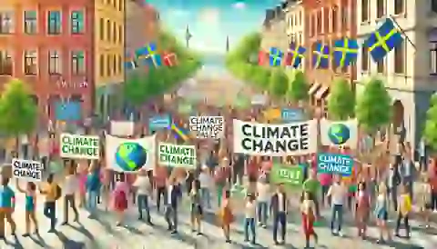 A generic climate change rally in Sweden with diverse people holding banners and signs promoting environmental sustainability.