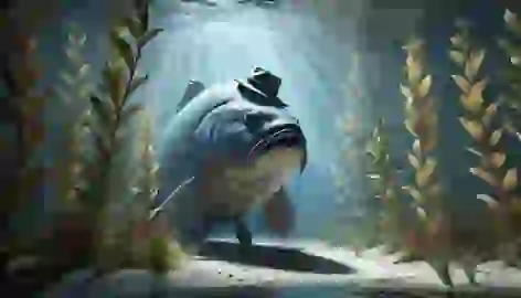 Large fish awakening to find his hat missing, surrounded by underwater plants.