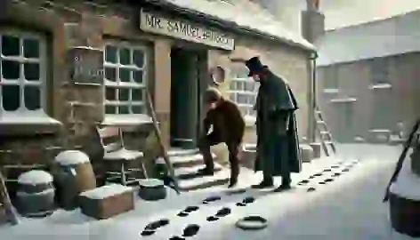  Two men inspecting mysterious hoof-like footprints outside a snow-covered stone shop in an 1855 English village.