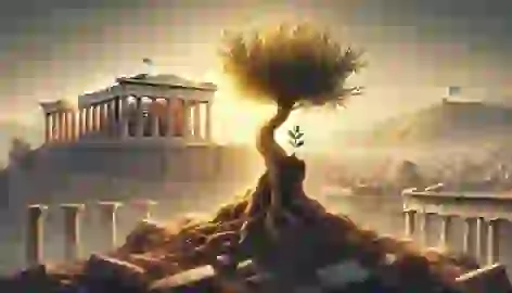 The Sacred Olive Tree sprouts a new shoot amidst the ruins of Athens after the Persian invasion, glowing under Athena