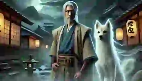 An older Hayato stands as a village protector with the Inugami spirit by his side