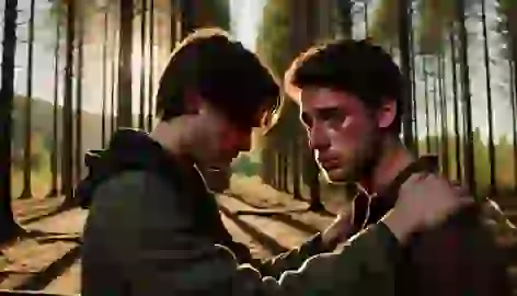 Sam and Ben face each other in a forest, with Ben looking down in shame and Sam appearing hurt but calm.