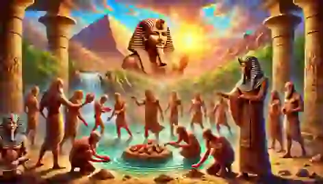 Gods create humans from Nile clay as Ra observes.