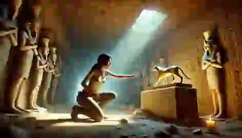 Meret-Ka retrieving a sacred cat relic inside an ancient Egyptian tomb.