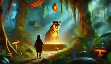 A glowing stone in a forest clearing as a jaguar speaks to Maia, surrounded by vibrant foliage.