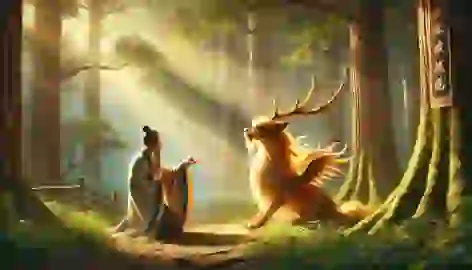 Confucius kneels before the glowing Qilin in a peaceful grove with sunlight filtering through the trees.