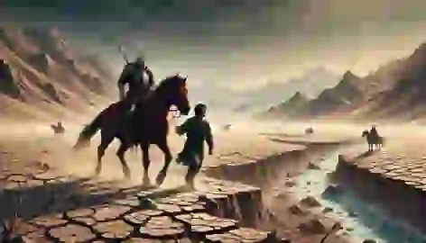 Rostam and his horse Rakhsh struggle through a barren desert under a blazing sun, searching for water.