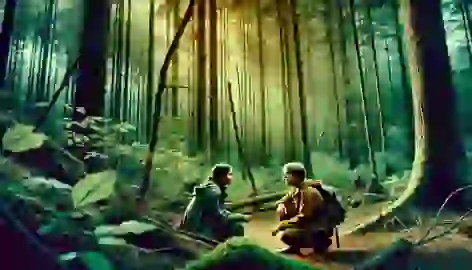 Katniss and Rue crouching in a dense forest, planning their strategy against the Career tributes.