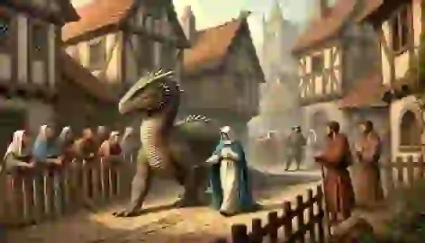 Saint Martha leads the subdued Tarasque through a medieval village, with villagers watching cautiously from their homes.