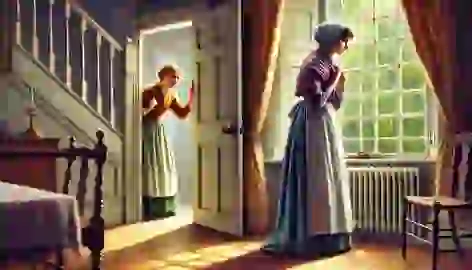 Josephine knocks on the door, worried, while Mrs. Mallard stands by the window, reflecting on her newfound freedom.