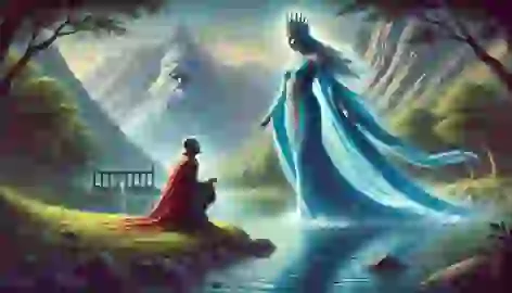 King Ardeshir kneels by a sacred lake as Anahita emerges from the waters, glowing with divine light.