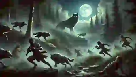 The Satyrs cross a dangerous landscape, using music to distract shadow wolves under a moonlit sky during their journey.