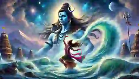 Lord Shiva controls the powerful flow of the Ganges River on his matted hair as it descends from the heavens.