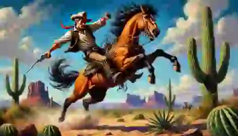 Pecos Bill taming the wild mustang Widow-Maker in a dusty desert landscape.