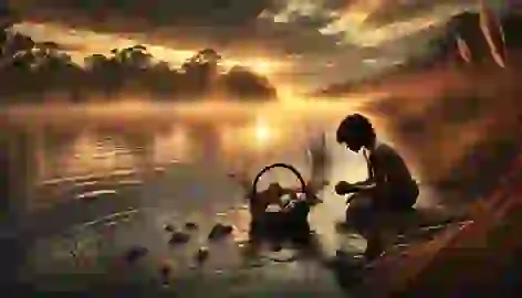 Jandamarra kneeling at the riverbank at dawn, offering a basket as a tribute, with mist rising from the water.