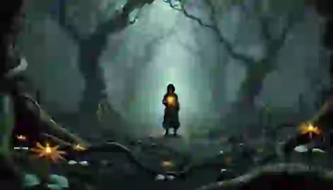 Anahita stands in a dark forest, holding a glowing vial, with flowers blooming around her feet.