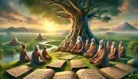 Manu and the Seven Sages seated under a large tree, meditating with ancient Vedic manuscripts before them.