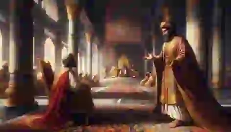 The vizier offering gifts to a neighboring king in a grand palace, negotiating peace.