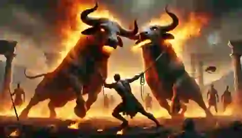 Jason struggles to yoke two fire-breathing bulls in Colchis, with Medea watching and using her magic to aid him.