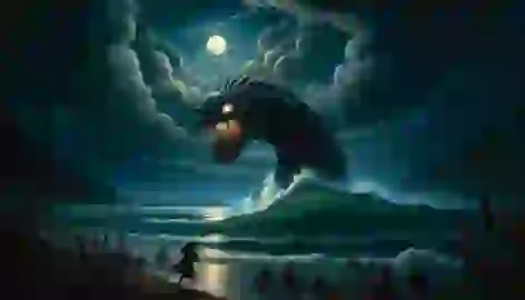 The taniwha Kahotea emerges from the lake at night as villagers flee in terror, with dark clouds and lightning overhead.