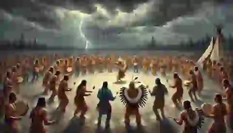 The Anishinaabe people performing the Sacred Dance under a stormy sky.