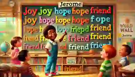 Jerome shares a word with friends by the colorful Word Wall in his classroom.