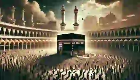 Pilgrims perform Tawaf around the Kaaba, with the Black Stone glowing faintly in the corner of the structure.