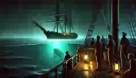 The crew of the Abraham Lincoln spots a glowing sea creature beneath the surface during a dark, eerie night at sea.