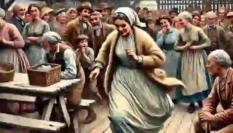 Mrs. Hutchinson rushes into the crowd, late to the lottery, while other villagers glance at her arrival.