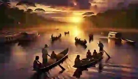 Caboclo fishermen returning in canoes at sunset, with the Amazon River glowing under the golden and purple hues of the evening sky.