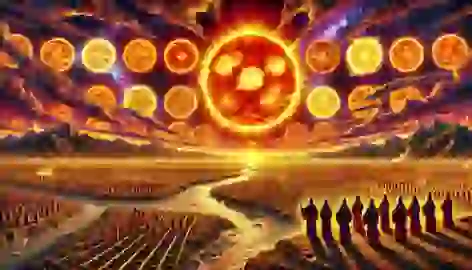 The ten suns rise together, casting intense heat as the earth below withers under their blinding light.