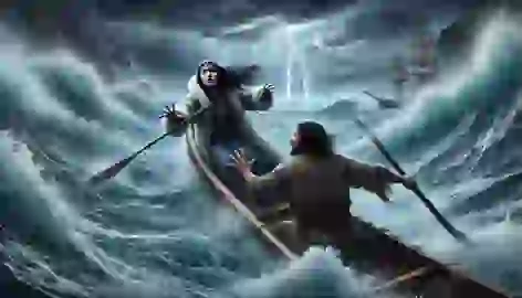 Sedna clings to a kayak in a raging storm as her father strikes her fingers with a paddle.