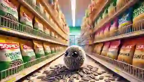 A scruffy sunflower seed in a bright grocery store aisle among organized seed packets.