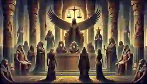 A tribunal of gods judges the rivalry between Set and Horus, with Ma