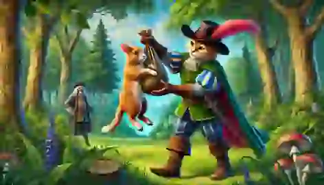 Puss in Boots presenting a rabbit to the king