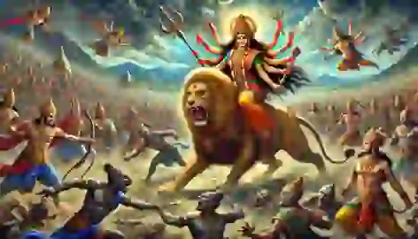 Durga charges into battle against Mahishasura’s army, wielding her divine weapons with precision.