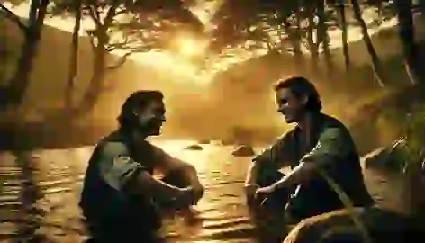 Sam and Ben sit by a peaceful river, their expressions relaxed as the sun sets, signaling the healing of their friendship.