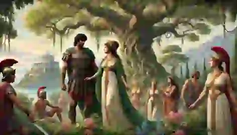 Jason and Queen Hypsipyle stand on the lush island of Lemnos, surrounded by Argonauts and women in peaceful interaction