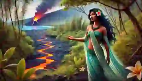 Hi’iaka, in flowing blue and green garments, stands near an erupting Kīlauea volcano, gesturing toward the flowing lava.