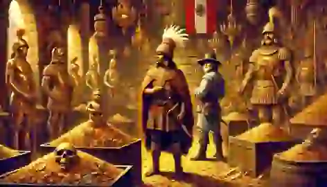 Atahualpa standing inside the Ransom Room surrounded by piles of gold as Francisco Pizarro watches.