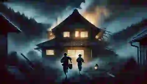 Haruka and Yuta flee their collapsing home at night, the Zashiki-warashi watches them from the doorway one last time.