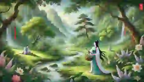 He Xiangu gathering sacred herbs in a lush valley with a stream and vibrant greenery under soft sunlight.