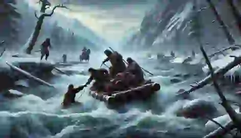 Travelers on a wooden raft crossing the icy River Almat; one rescues another struggling in the water