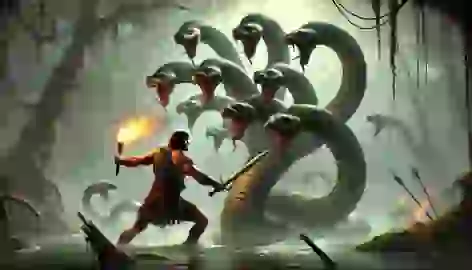 Heracles battling the Hydra in a misty swamp, wielding a sword and torch against the multi-headed beast.