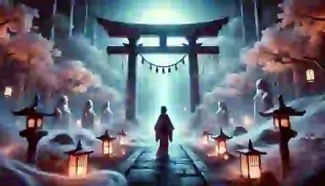 A girl stands before a glowing torii gate in the spirit world, surrounded by mist and cherry blossoms.