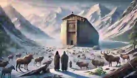 The ark resting on the snowy peaks of the Himalayas after the flood, with clear skies and animals emerging.