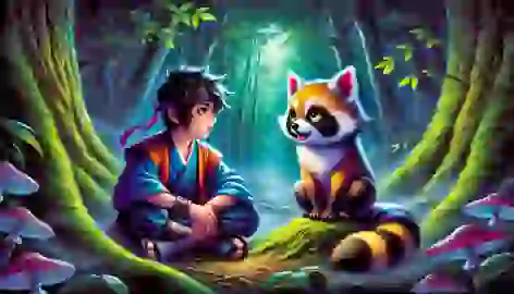 Hiroshi listens as the bake-danuki shares tales in a moonlit forest clearing.